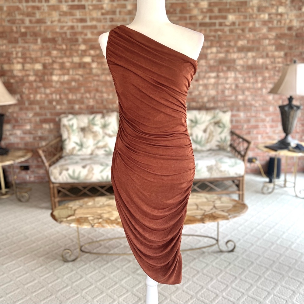 Mable Bodycon Dress Ruched One Shoulder S Asymmetrical Rust Glam Cocktail Party - Picture 3 of 15